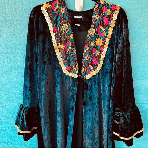 EMERALD GREEN BLUE EMBROIDERED CRUSHED VELVET LONG DUSTER BELL SLEEVES L - Picture 7 of 9